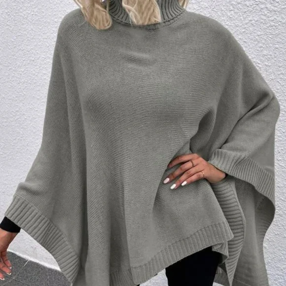 Turtleneck Batwing Sleeve Knit PonchO - Picture 2 of 7